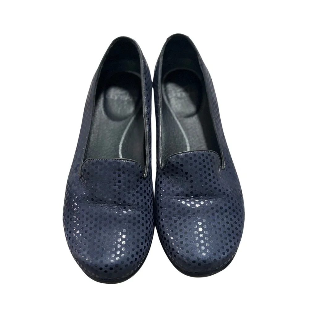 Dansko Navy Blue Metallic Polka Dot Slip On Loafers‎ Flats Size 38
